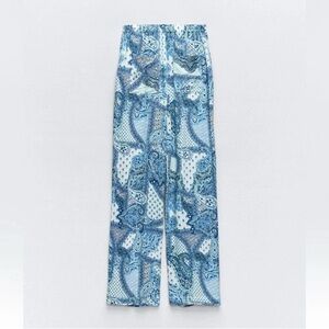 ZARA PAISLEY PRINT BLUE WHITE WIDE LEG PANTS